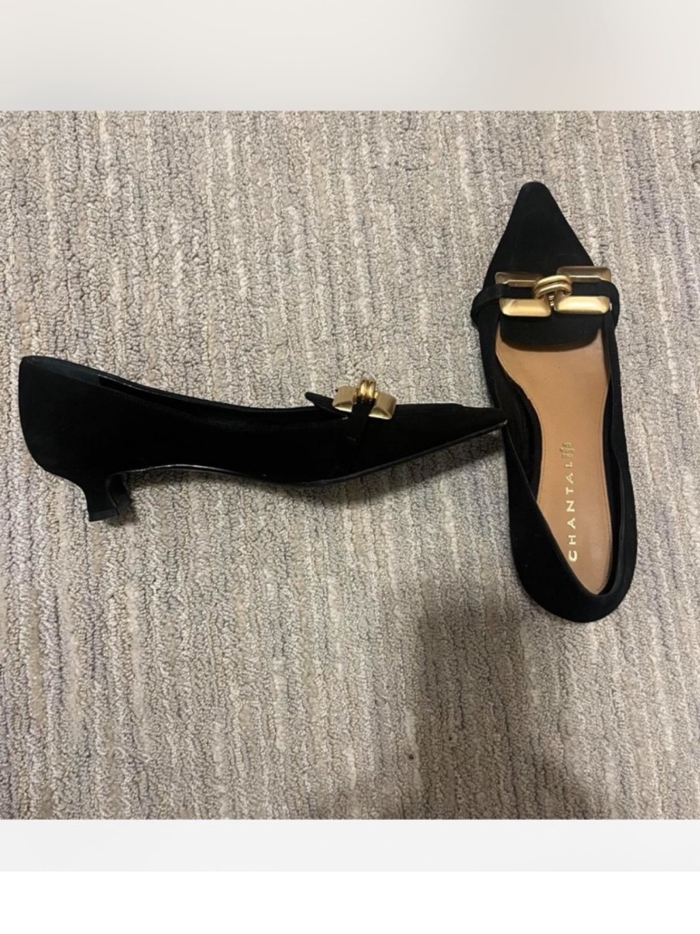 Black Pointed-Toe Kitten Heels with Gold Accent